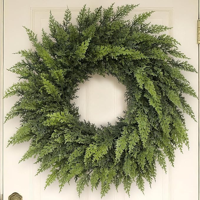 24" Real Touch Christmas Cedar Wreath - Artificial Cedar Wreaths Faux Green Fake Pine Needles Wre... | Amazon (US)