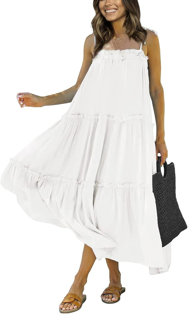 BTFBM Women's Summer Adjustable Spaghetti Strap Sleeveless Dresses Casual Loose Tiered Ruffle Cami B | Amazon (US)