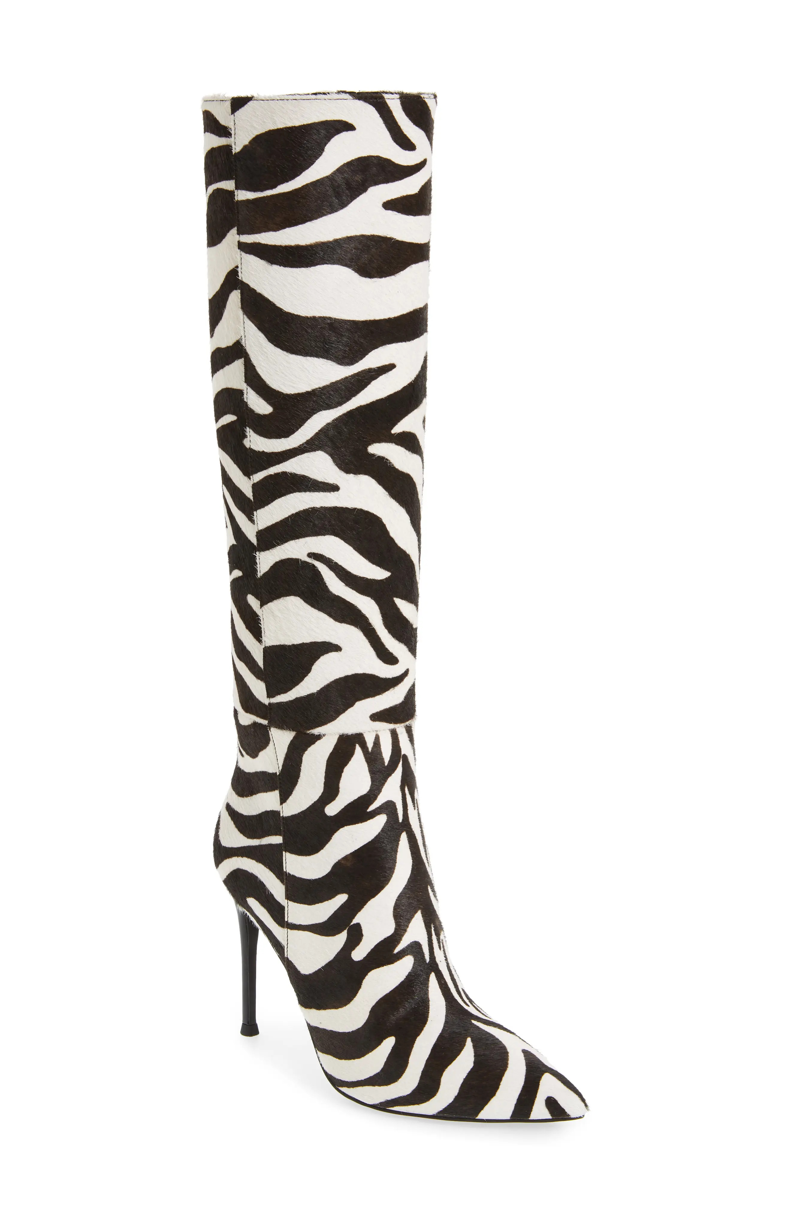 Jeffrey Campbell Arsen Genuine Calf Hair Knee High Boot in Black White Zebra Calf Hair at Nordstrom, | Nordstrom