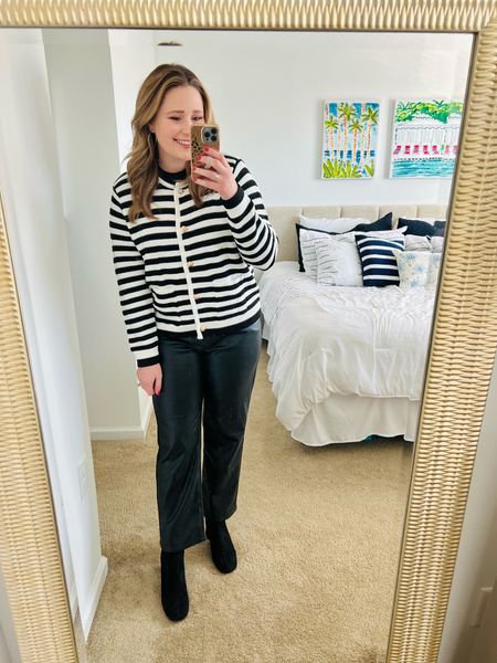 Black and white winter outfit! Comfiest leather pants and striped lady jacket 

#LTKfindsunder100 #LTKstyletip