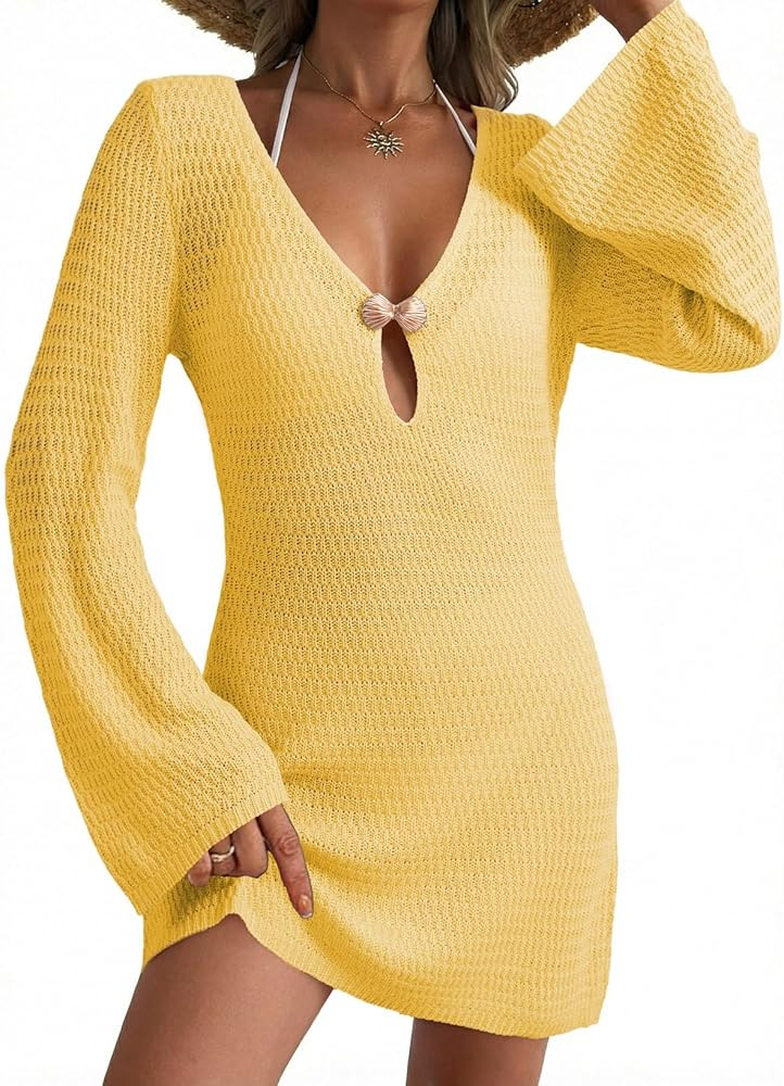 Dokotoo Beach Cover Ups for Women Sexy Deep V Neck Crochet Swimsuit Knit Hollow Out Cover Up Dres... | Amazon (US)