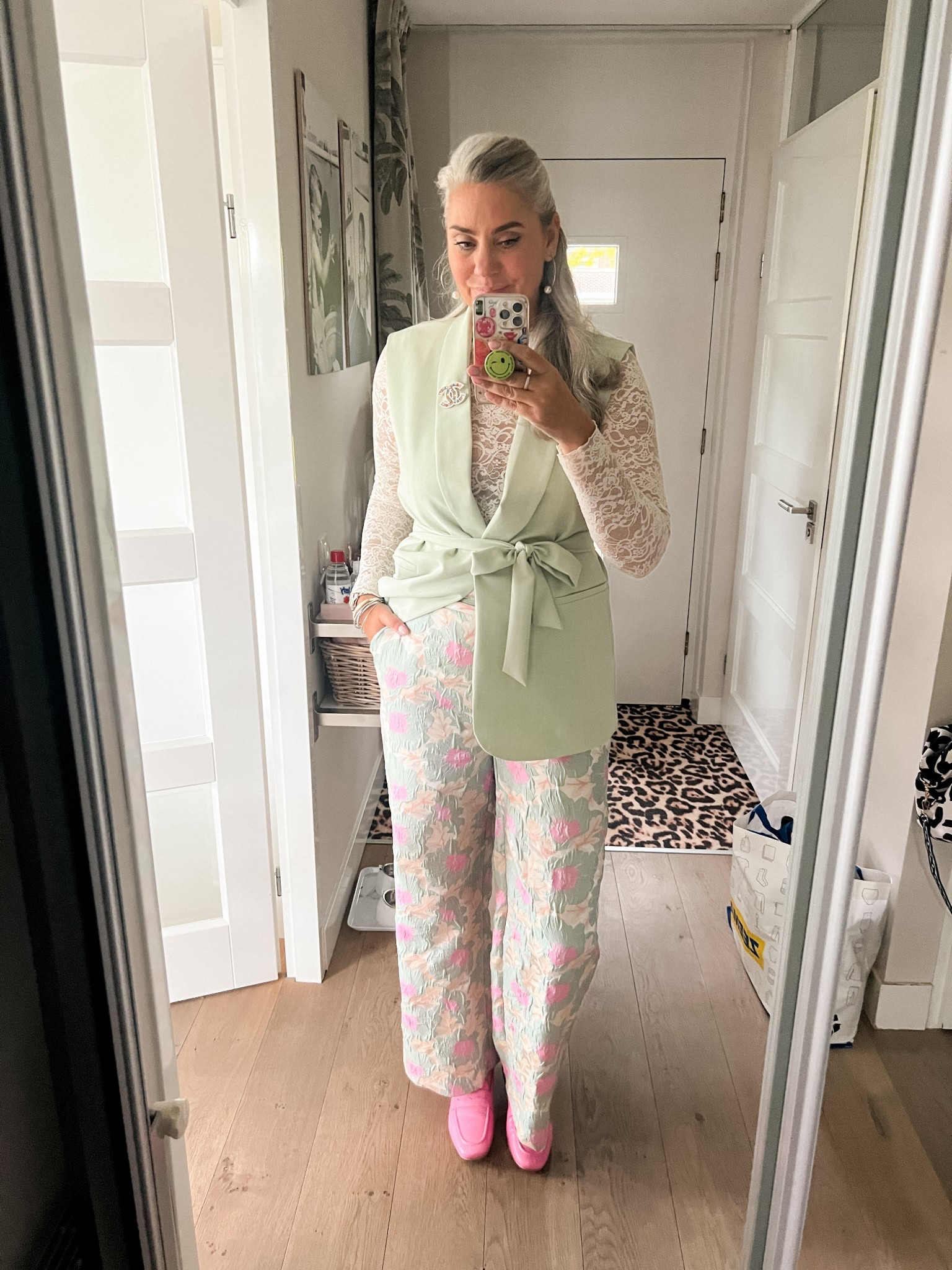 Ootd - Saturday. Floral trousers (My Jewelry, xl), pink loafers, lace top (L), light green waistcoat (Norah, size 40), flower hairclip, CC brooch. 



#LTKpartywear #LTKnederlands #LTKeurope