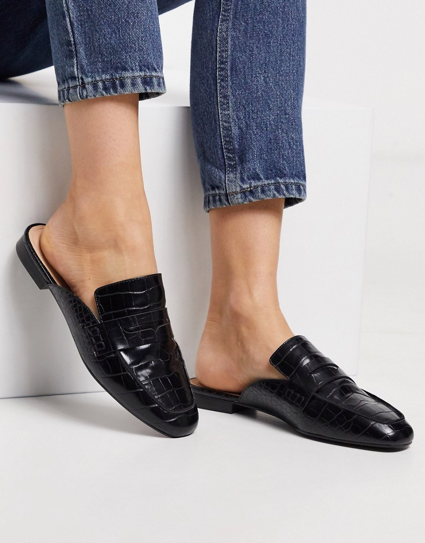 Stradivarius slip on loafer mules in black moc croc | ASOS (Global)