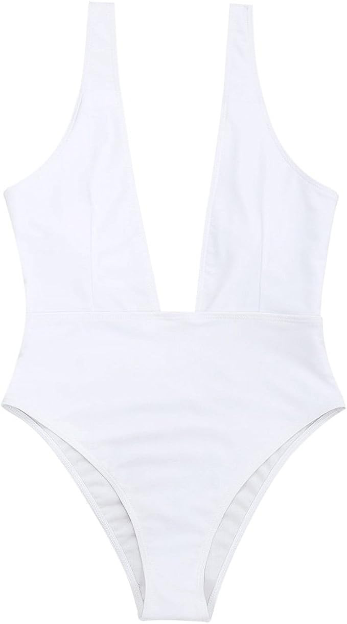 ZAFUL Women's Sexy Plunging Neck Solid Color One Piece Swimwear | Amazon (US)