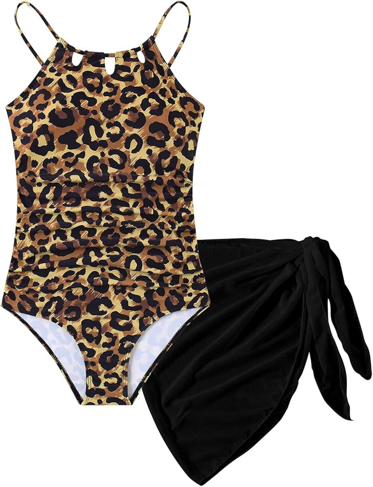 Girls Swimsiut One-Piece Bathing Suit with Mesh Cover Ups Adjustable Straps Cut Out Swimwear Size... | Amazon (US)