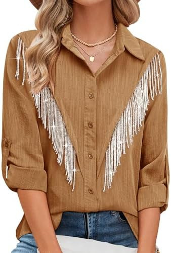 MYMORE Womens Sparkly Fringe Button Down Shirt Rolled 3/4 Sleeve Top Country Concert Nashville We... | Amazon (US)