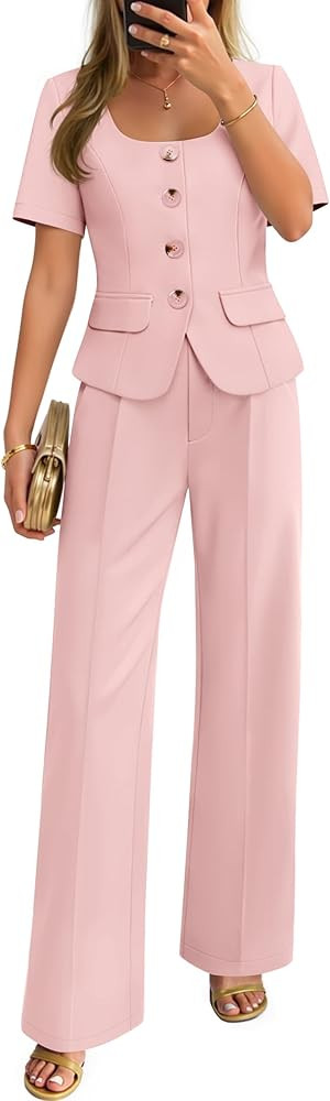 ZESICA Women's Summer Two Pieces Suits Set 2026 Short Sleeve Blazer Wide Leg Pants Business Casua... | Amazon (US)