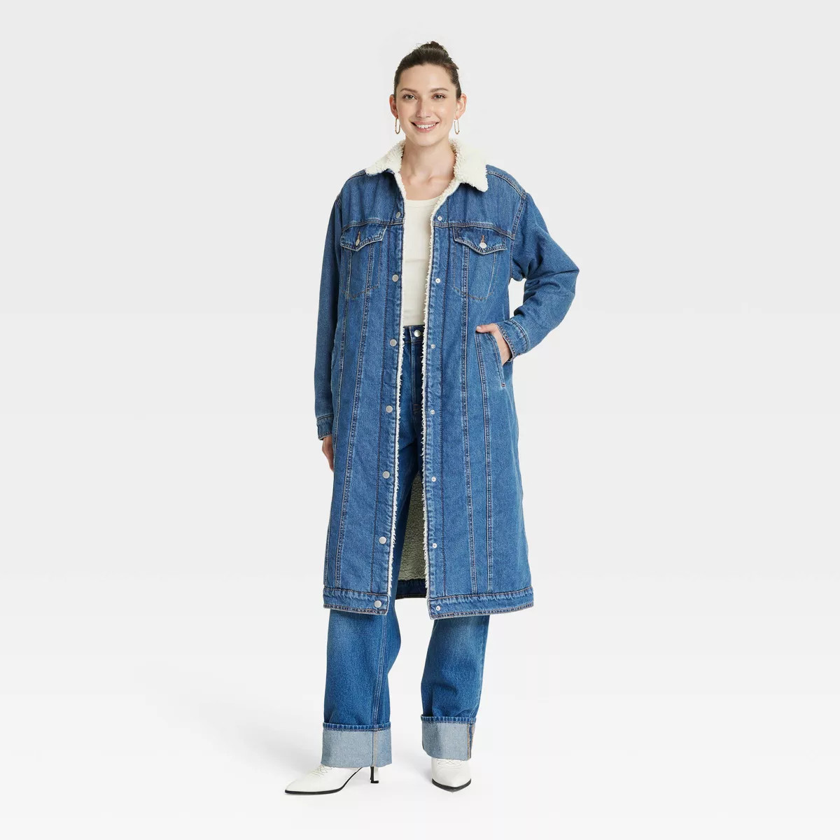 Women's Faux Shearling Long Denim Trucker Jacket - Universal Thread™ Medium Wash | Target