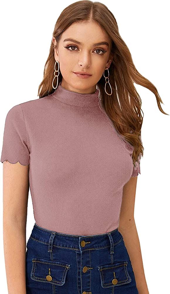 SweatyRocks Women's Mock Neck Ribbed Knit Scallop Short Sleeve T Shirt Tops | Amazon (US)