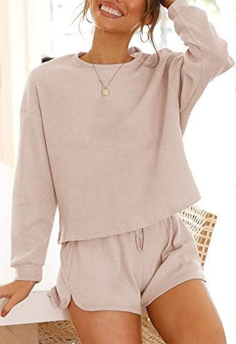ZESICA Women's Waffle Knit Long Sleeve Top and Shorts Pullover Nightwear Lounge Pajama Set with P... | Amazon (US)