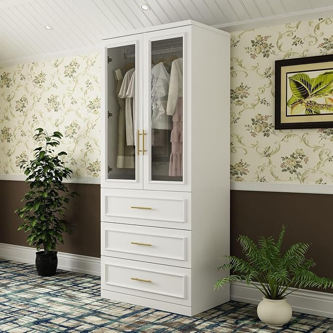 MOUMON Modern Wardrobe Cabinet with Hanging Rod, Armoire Closet with Gold Handles, 2 Glass Doors ... | Amazon (US)