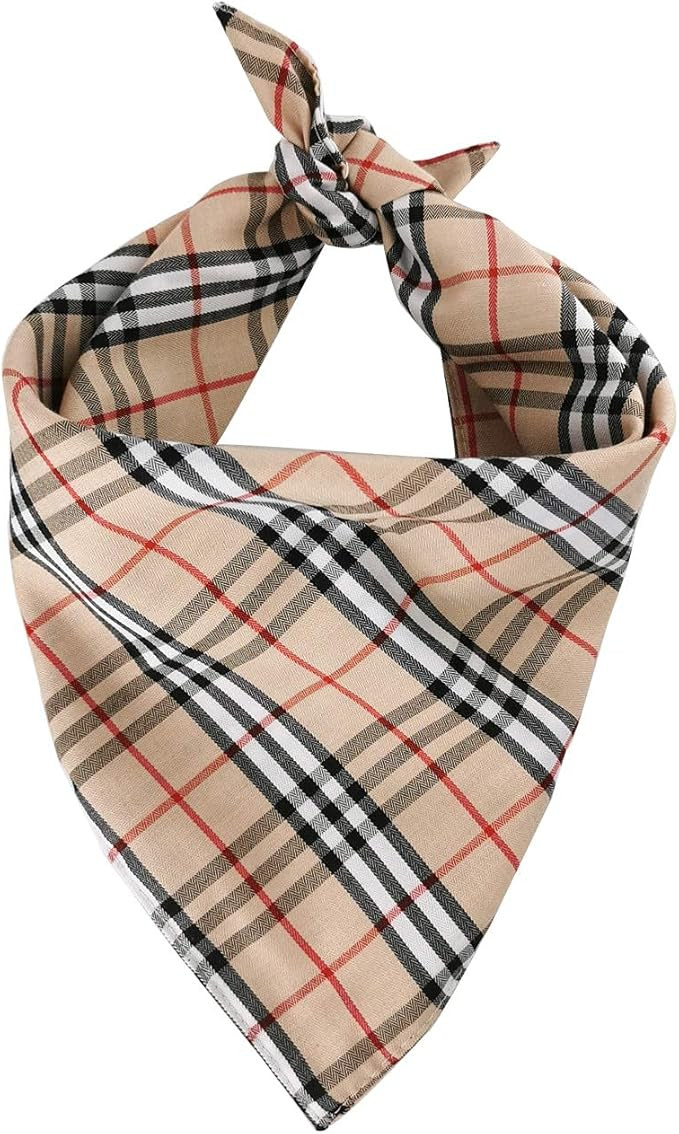 Dog Bandana, Washable Cotton Triangle Dog Bibs Scarf for Dogs Cats Pets (Khaki-Plaid) | Amazon (US)