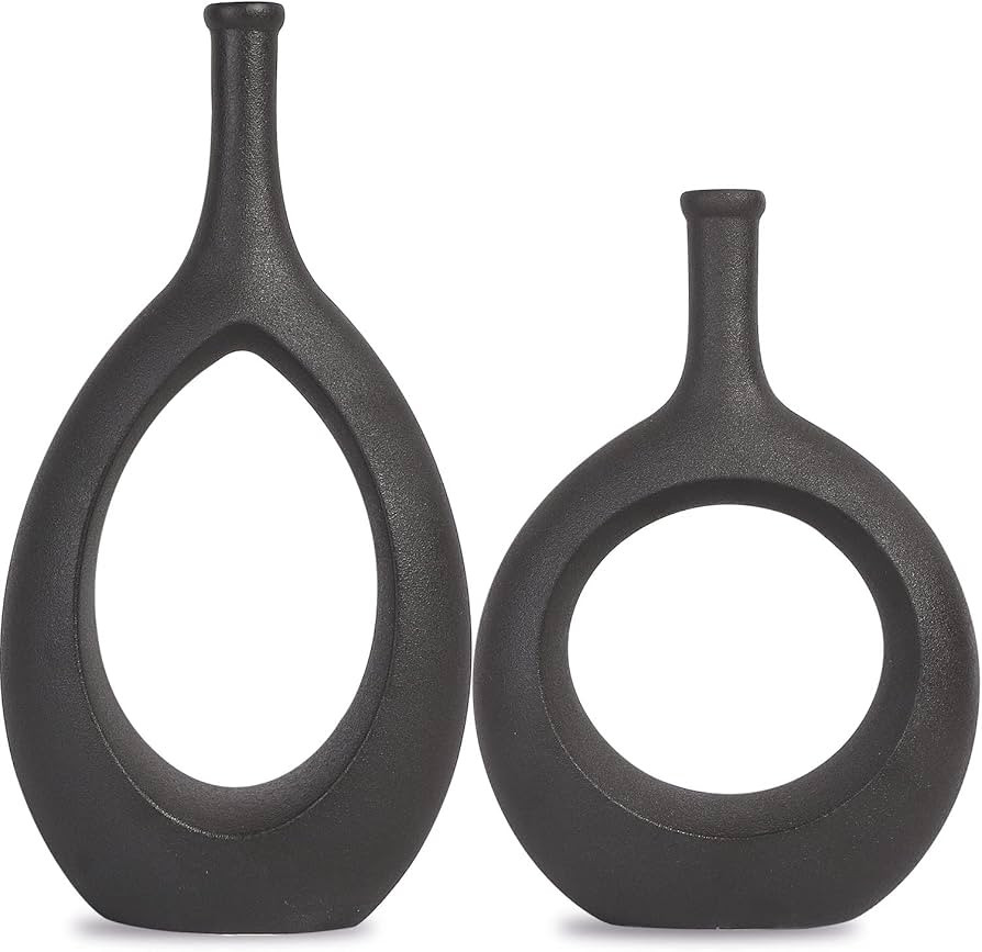 SANFERGE Set of 2 Black Ceramic Flower Vase, Hollow Oval Vase for Home Décor Office Decoration, ... | Amazon (US)