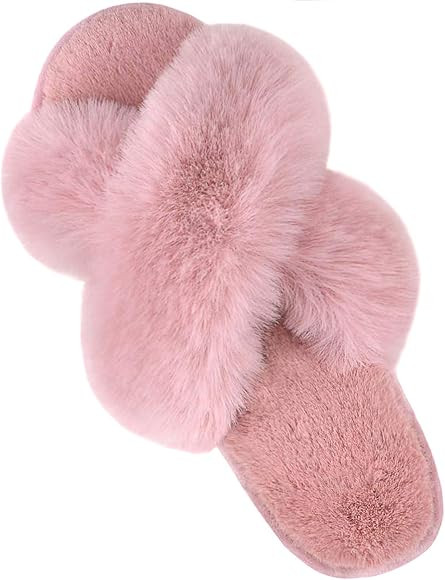 Women's Cross Band Slippers Soft Plush Furry Cozy Open Toe House Shoes Indoor Outdoor Faux Rabbit... | Amazon (CA)