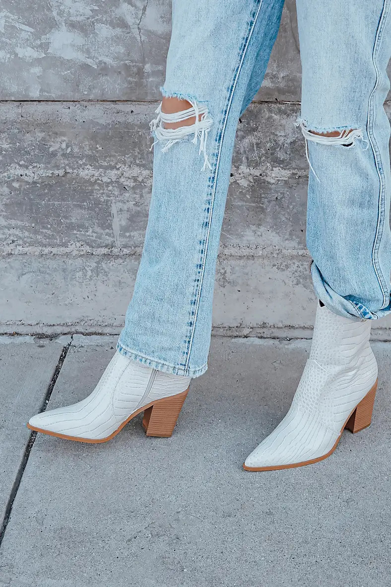 Eleora Bone Crocodile-Embossed Mid-Calf High Heel Boots | Lulus (US)