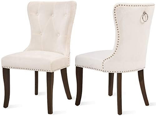 Dining Chairs Set of 2, Upholstered Cream Accent Chair Button Tufted Armless Chair with Nailhead ... | Amazon (US)