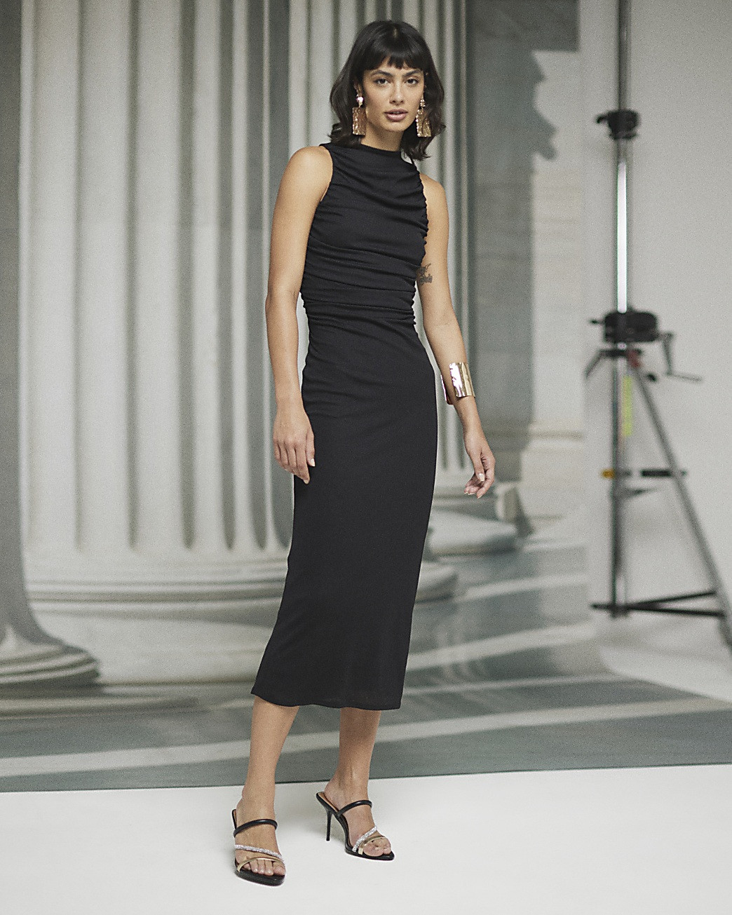 Black mesh ruched bodycon midi dress | River Island (UK & IE)