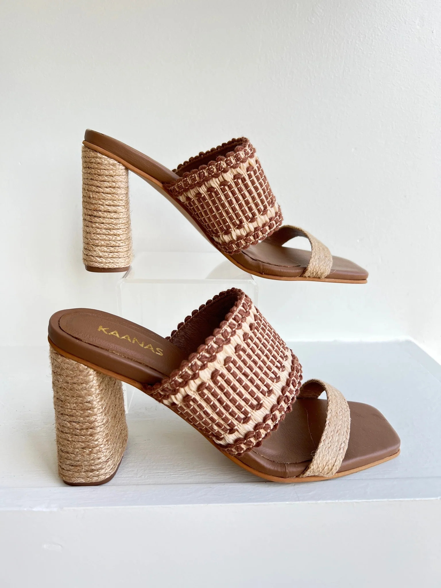 Coffee Ramie Contrast Boho Strap Heel | Amor lafayette