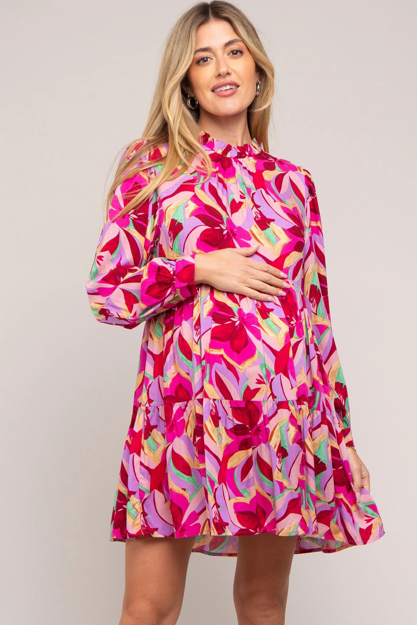 Magenta Floral Ruffle Mock Neck Maternity Dress | PinkBlush Maternity