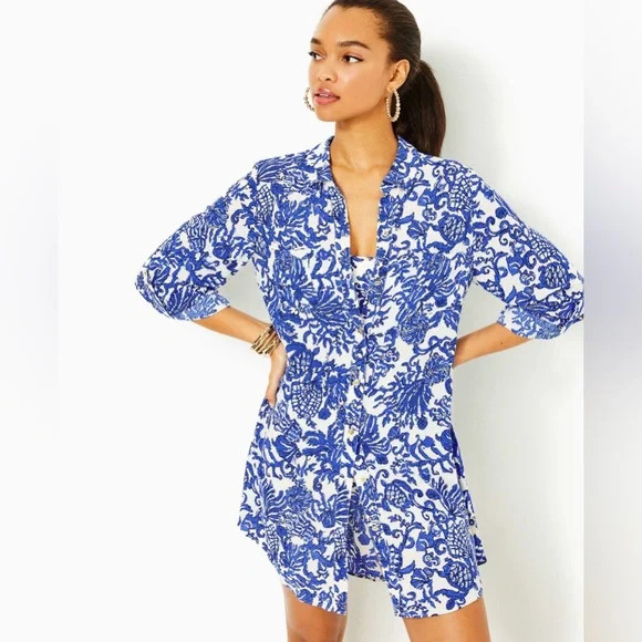 Lilly Pulitzer Natalie Coral Coverup Shirtdress Sz L EUC | Poshmark