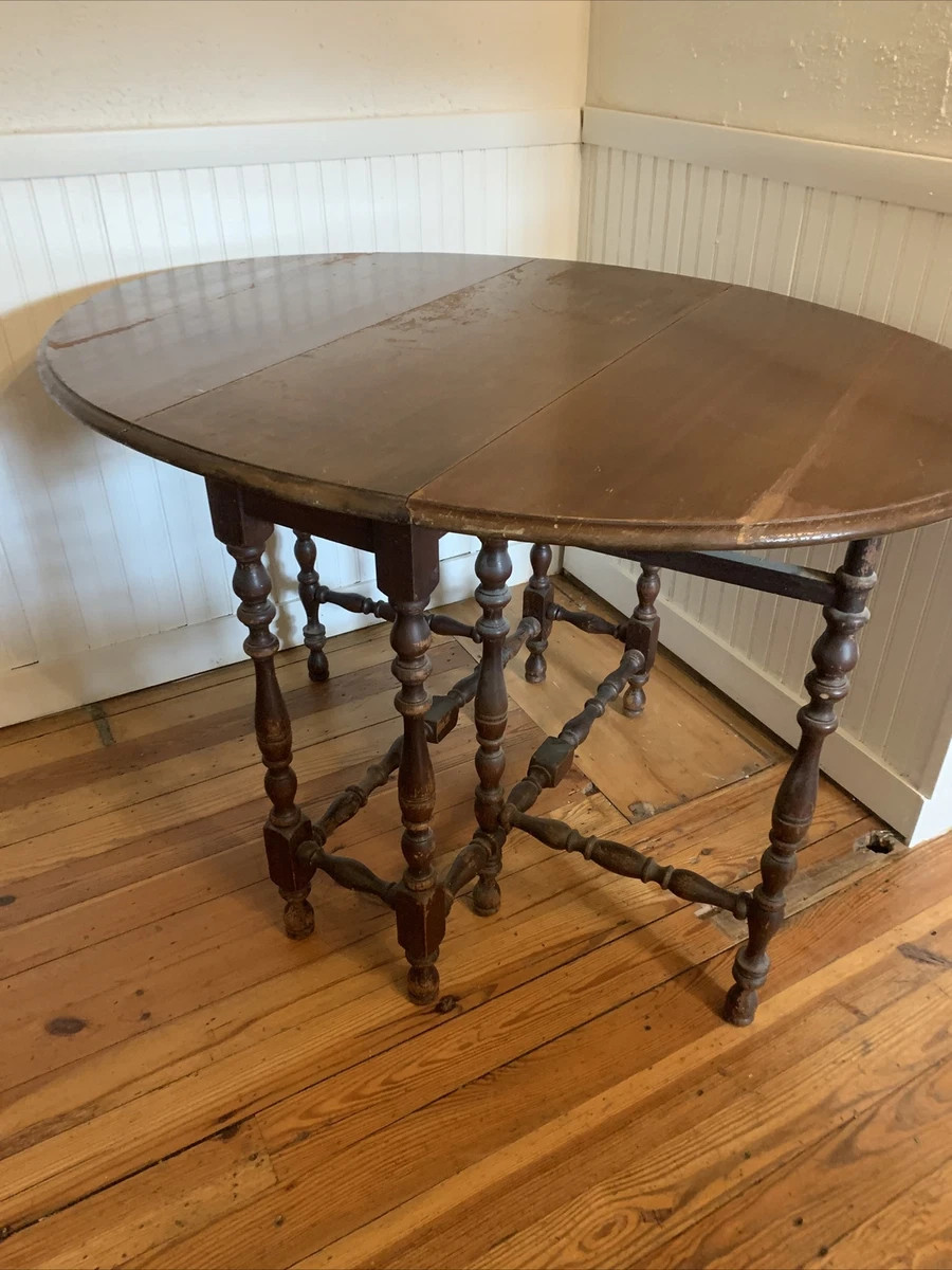 Antique Turned Leg (English Oak?) Gate Leg Table Dark Sturdy 3' x 4' Drop Leaf | eBay US