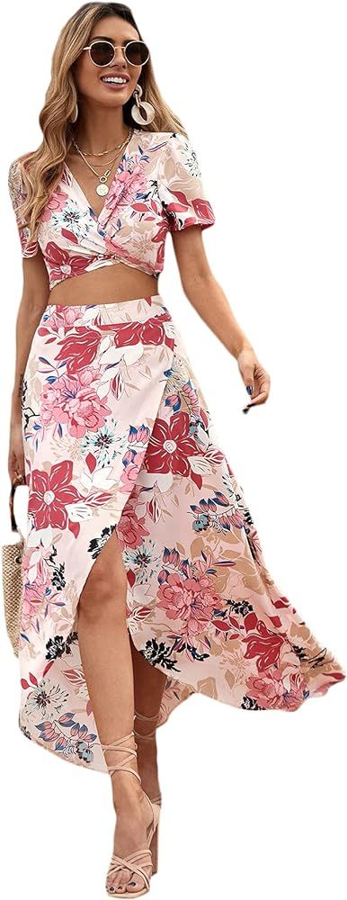Floerns Women's 2 Piece Boho Twist Front Top and High Split Maxi Skirt Set | Amazon (US)