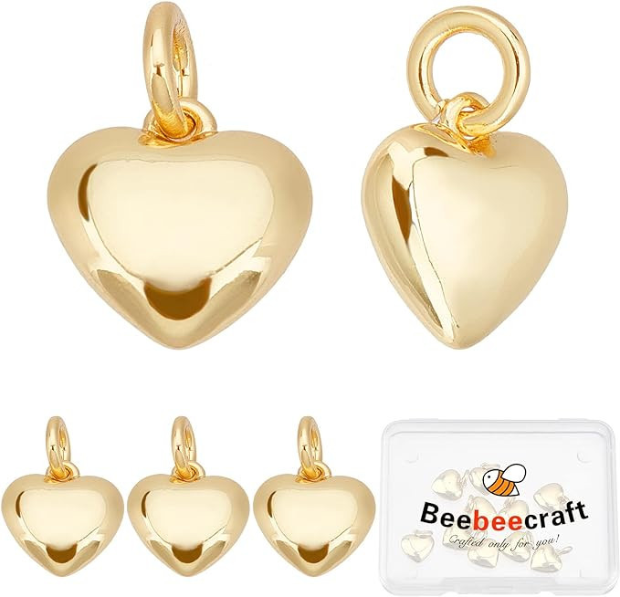 Beebeecraft 1 Box 10Pcs 18K Gold Plated Heart Charms 3D Heart Dangle Pendant Charms with Jump Rin... | Amazon (US)