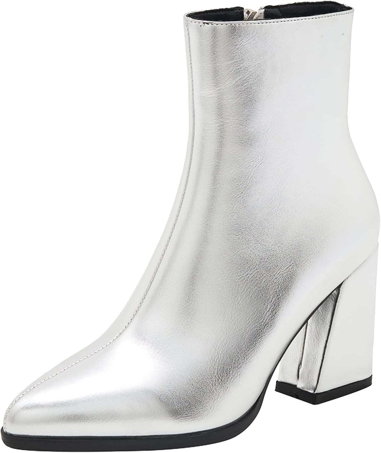 XIANGZU Metallic Silver Boots for Women,Pointed Toe Women's Chunky Heel Ankle Booties | Amazon (US)