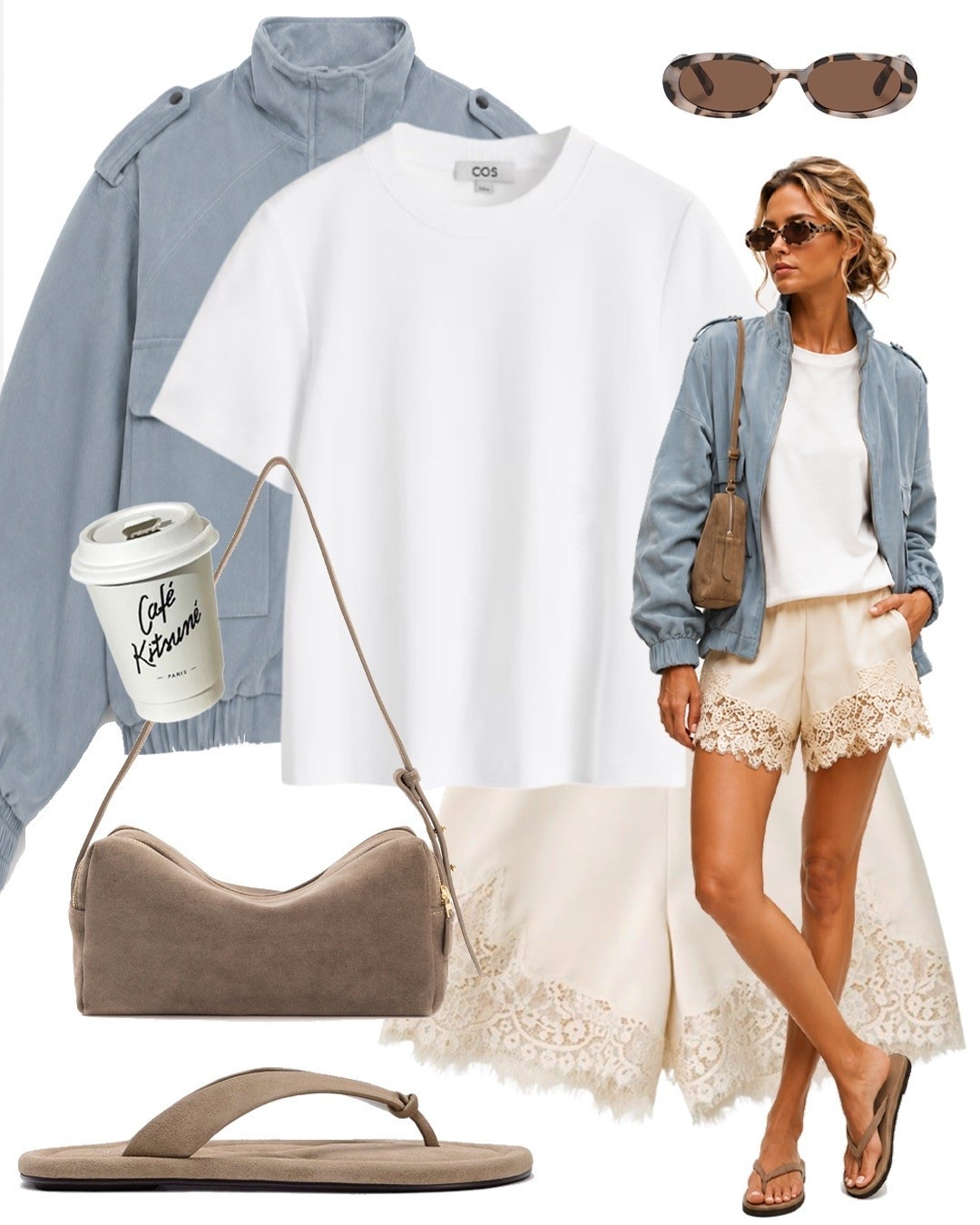 Blue suede jacket satin lace shorts taupe beige suede bag taupe suede thong sandals flip flops

#LTKuk #LTKautumn #LTKsummer