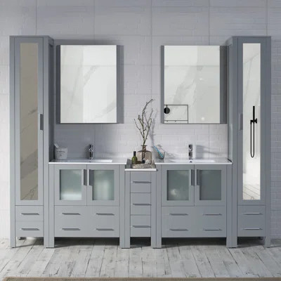 102'' Double Bathroom Vanity Set – Solid Wood Cabinet, Dual Ceramic Sinks, Soft-Close Drawers, Side Cabinet, Mirrors & Linen Towers | Wayfair North America