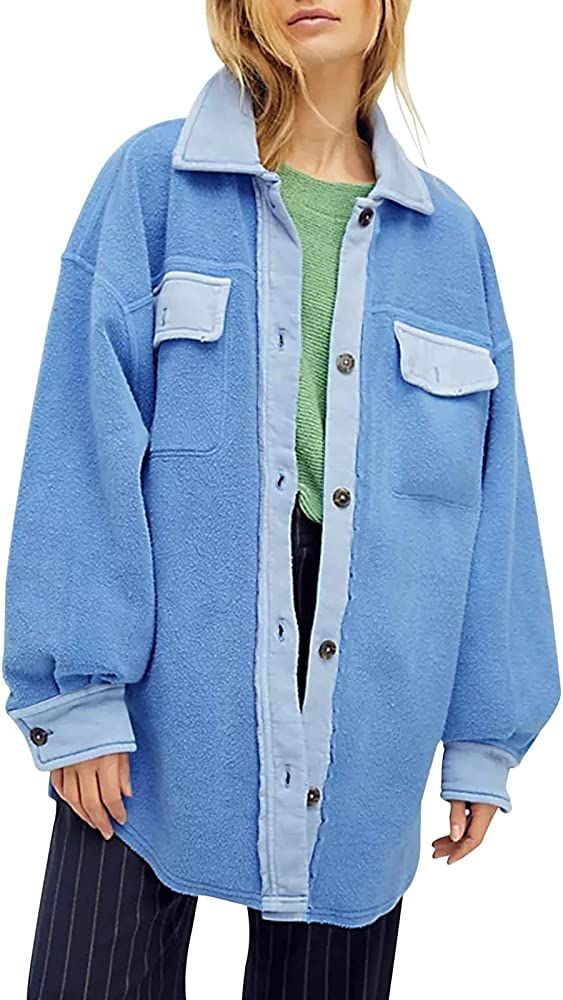 Fisoew Womens Oversized Long Sleeve Button Down Shirt Jacket Soft Comfy Casual Shacket Coats with... | Amazon (US)