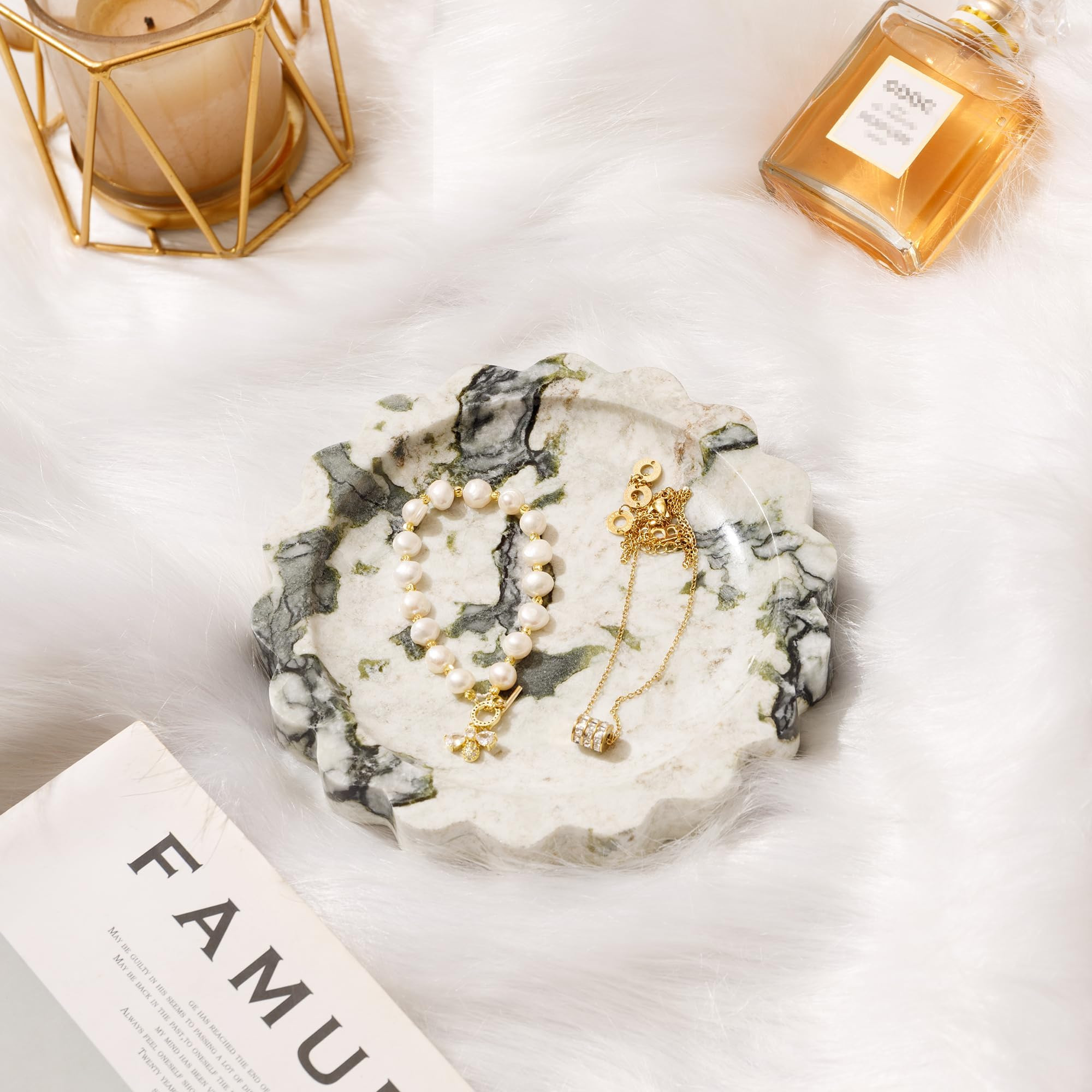 WORHE Marble Vanity Tray Natural Small Scalloped Round Stone Trays for Candle Trinket Calacatta V... | Amazon (US)