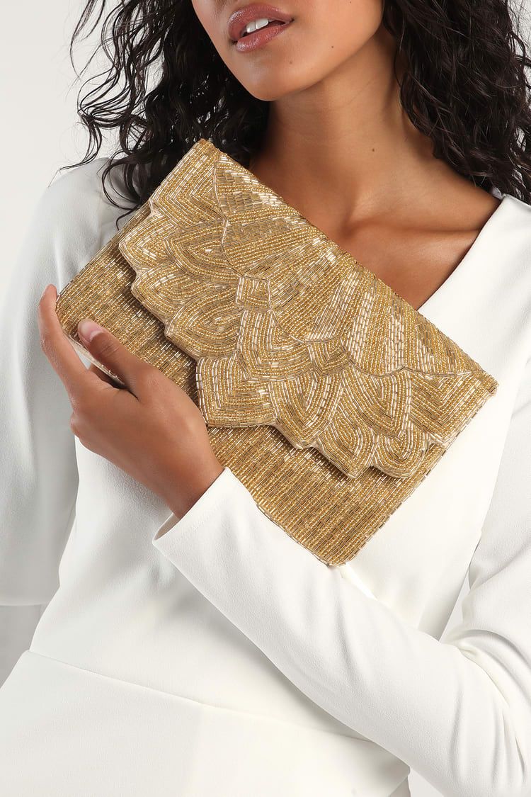Shimmer Glimmer Gold Beaded Lotus Clutch | Lulus