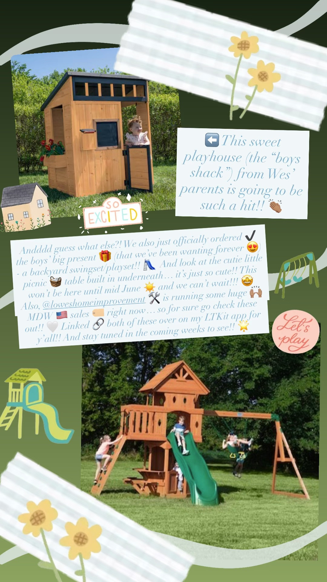 ⬅️ This sweet playhouse (the “boys shack”) from Wes’ parents is going to be such a hit!! 👏🏽 

Andddd guess what else?! We also just officially ordered ✔️ the boys’ big present 🎁 (that we’ve been wanting forever 😍) - a backyard swingset/playset!! 🛝  And look at the cutie little picnic 🧺 table built in underneath… it’s just so cute!! This won’t be here until mid June ☀️ and we can’t wait!!! 🤩 Also, @loweshomeimprovement 🛠️ is running some huge 🙌🏽 MDW 🇺🇸 sales 🏷️ right now… so for sure go check these out!! 🤍 Linked 🔗 both of these over on my LTKit app for y’all!! And stay tuned in the coming weeks to see!! 🌟