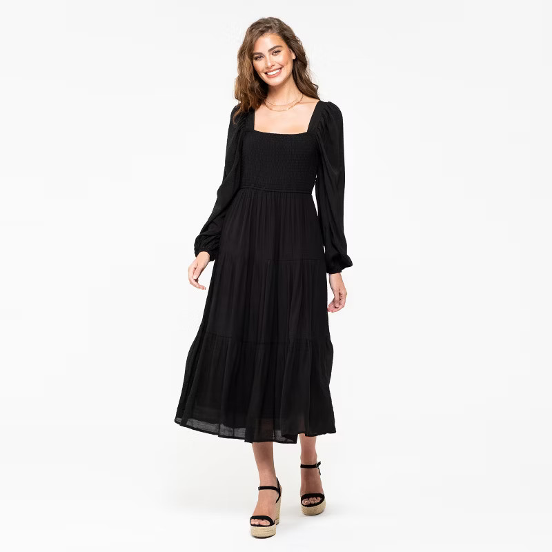 August Sky Women's Long Sleeve Smocked Midi Dress RDM2046_Black_Small | Target