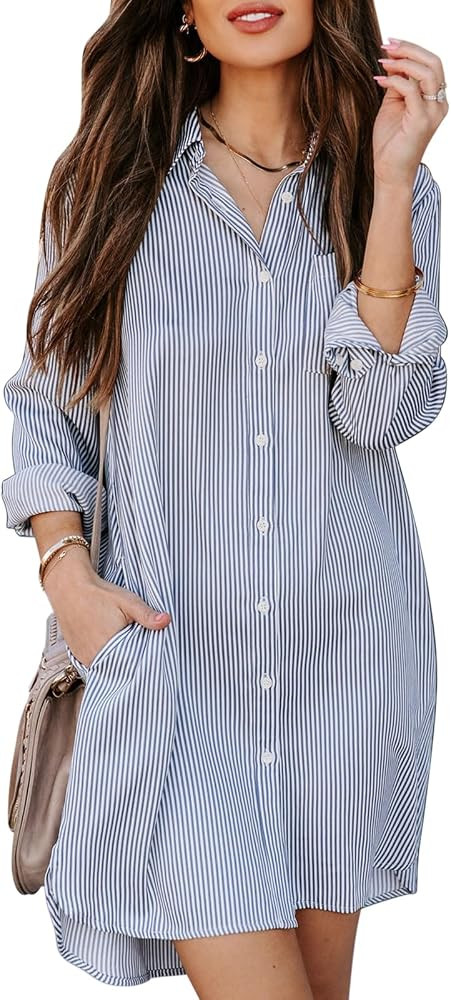 Aoudery Womens Button Down Shirt Dresses with Pockets Striped Cotton Shirts Collared Long Sleeve ... | Amazon (US)
