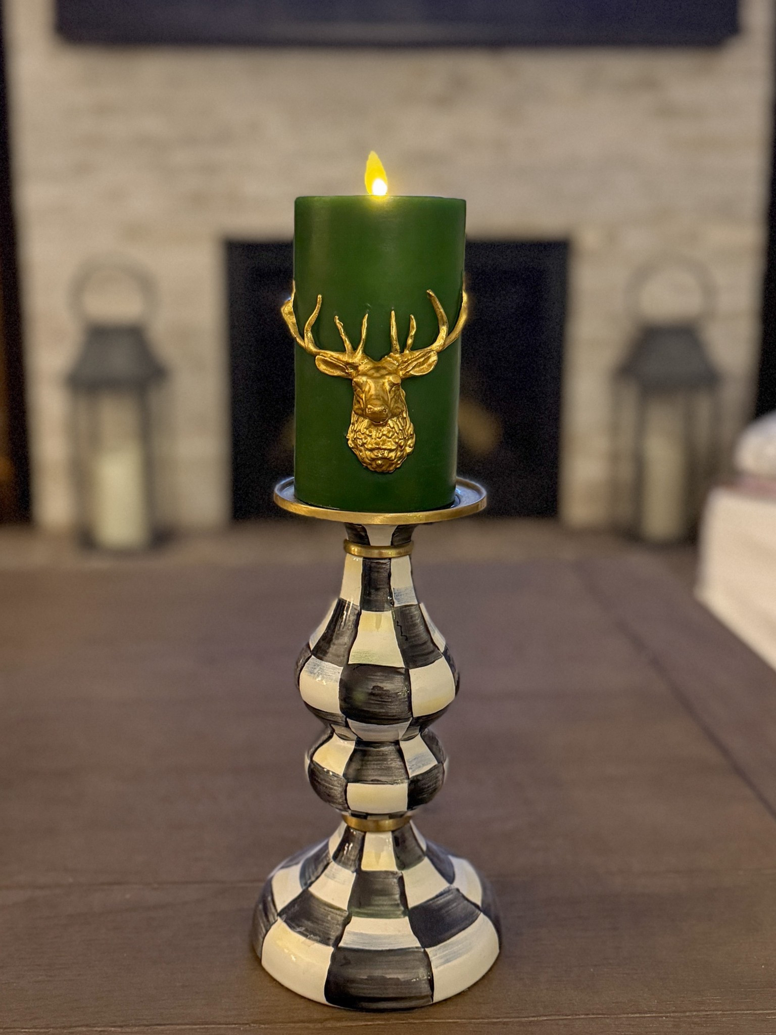 new luminara for holiday !! gorgeous hunter green pillar candle  with a reindeer in brass - 
use fearlessmeemaid10 for  10% discount @luminara

#LTKHoliday #LTKHome #LTKSeasonal
