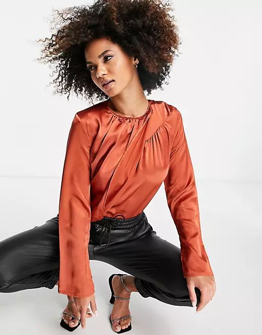 Saint Genies satin ruched long sleeve bodysuit in rust - part of a set | ASOS (Global)