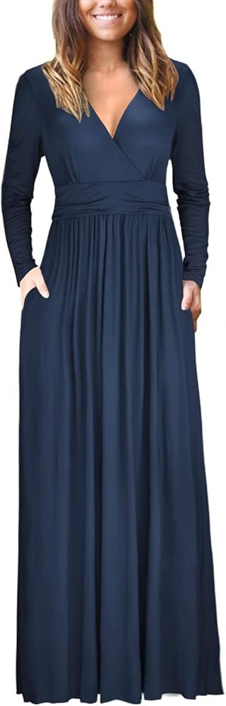 OUGES Women's Long/Short Sleeve V-Neck Wrap Waist Maxi Dress | Amazon (US)