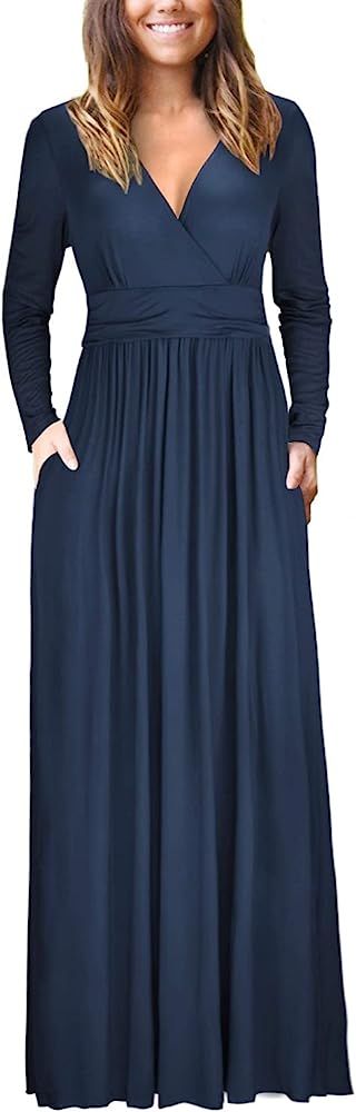 OUGES Women's Long/Short Sleeve V-Neck Wrap Waist Maxi Dress | Amazon (US)