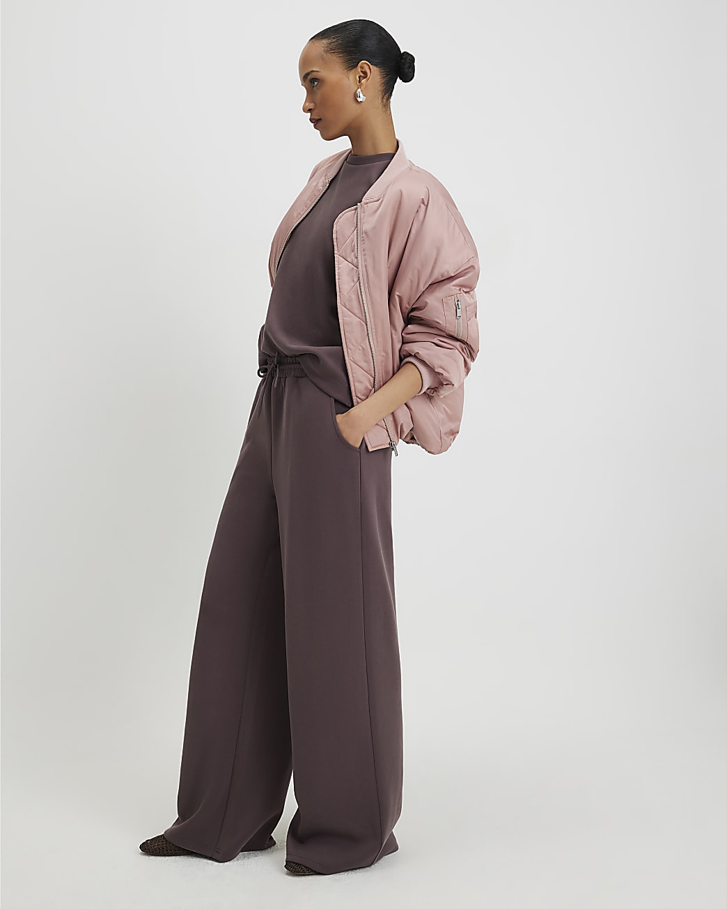 Brown Premium Drawstring Wide Leg Joggers | River Island UK & IE