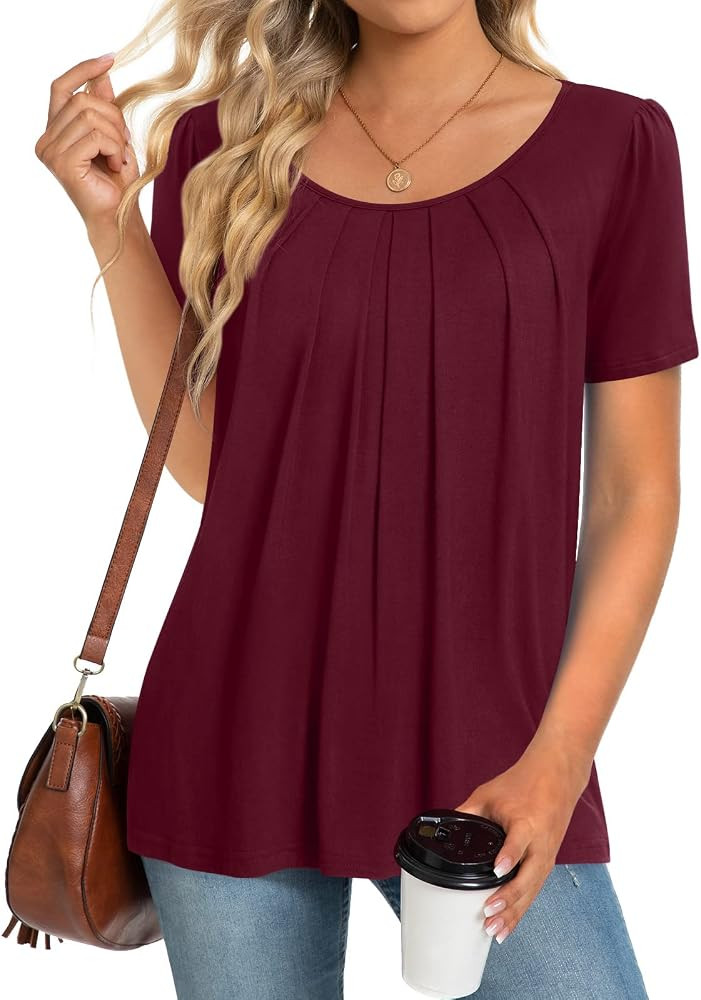 Anymeet 2024 Women's Summer Tunic Top Short Sleeve Casual Tshirts Pleated Loose Blouses for Leggi... | Amazon (US)