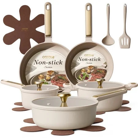 Carote 14-Piece Pots and Pans Set, Ceramic Nonstick Cookware Set with Utensils,Induction Compatible, Taupe | Walmart (US)