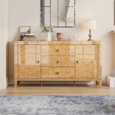 Adamarys Mappa Burl Wood Sideboard Buffet Mid Century Modern Cabinet Buffet Table with 4 Drawers& 2 Closed Storages, Highgloss Sideboard for Dining Li | Wayfair North America