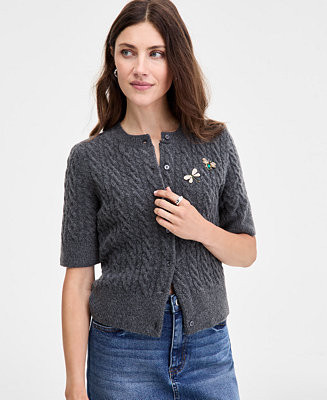Women's Short-Sleeve Embellished Cable-Knit Cardigan, Macy's Exclusive | Macy's