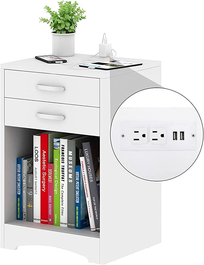 White Nightstand with Charging Station 2 Drawer Bedroom Nightstand Wood Sofa Side Table End Table... | Amazon (US)
