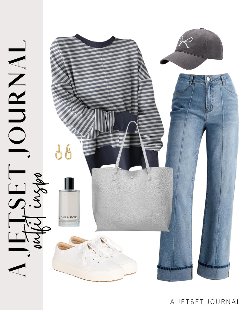 The next outfit is a blue striped oversized sweatshirt from ANRABESS paired with Sidefeel wide-leg cuffed jeans. You can wear these Amazon Essentials lace-up platform sneakers and a gray baseball cap for this fit. Complete the look with chunky gold earrings and Salt & Stone Hair & Body Mist.

#LTKSeasonal #LTKSaleAlert #LTKTravel
 

 