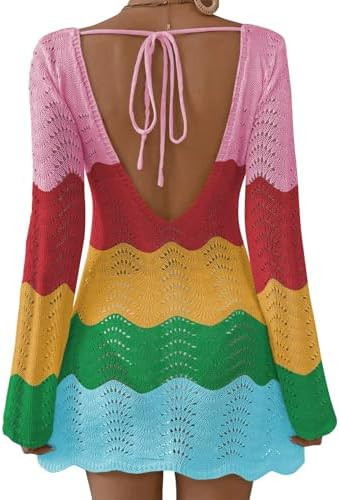 Womens Swimsuit Cover Up Long Sleeve Crochet Bathing Suit Mesh Backless Cover Ups Summer Beach Va... | Amazon (US)