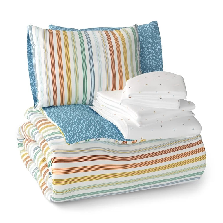 Mainstays Kids Vintage Stripe Reversible Comforter Set with Sheets, Full, 7 Pieces | Walmart (US)