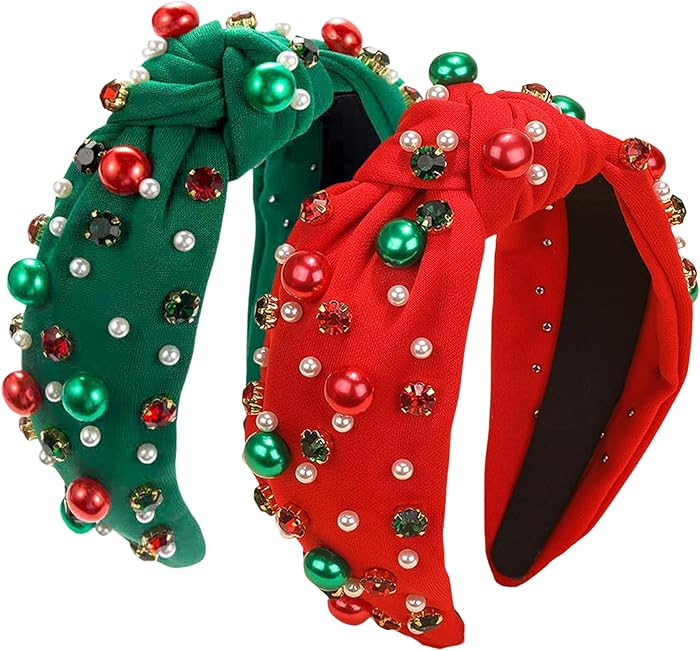2 Pcs Christmas knotted Headbands for Women Girls Red Green Pearl Rhinestone Headband with Jewel ... | Amazon (US)